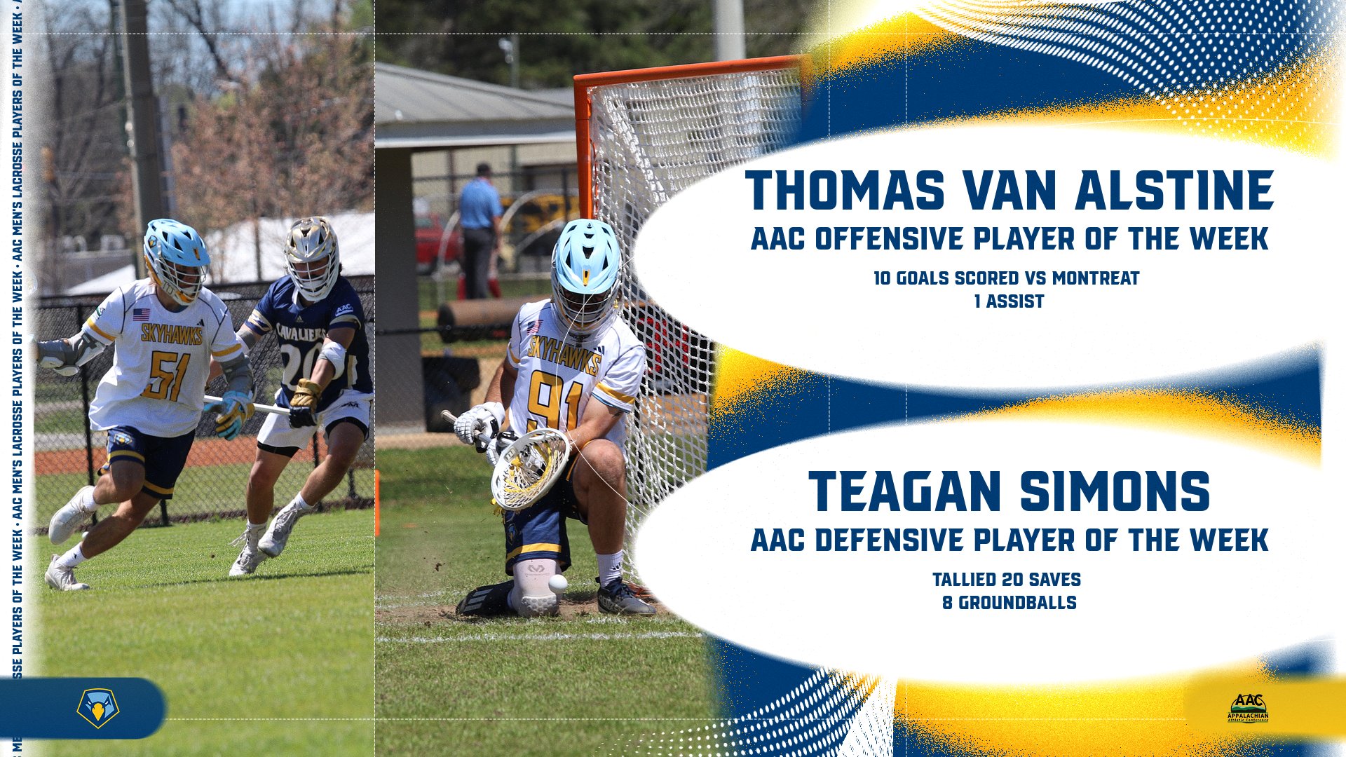 Thomas Van Alstine and Teagan Simons earns AAC Men’s Lacrosse Player of the Week Honors