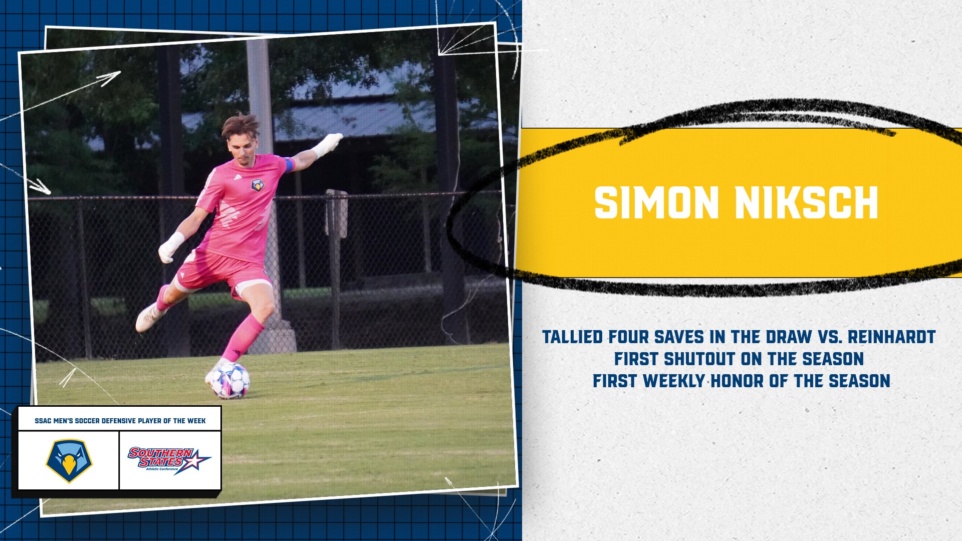 Simon Niksch crowned as the SSAC Men’s Soccer Defensive Player of the Week